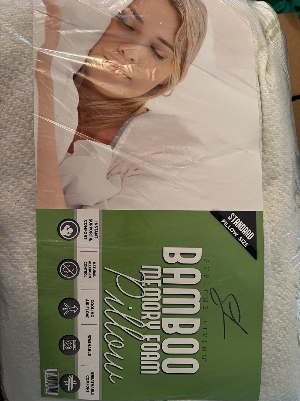 BAMBOO Memory Foam Pillow - White and Green Packaging
